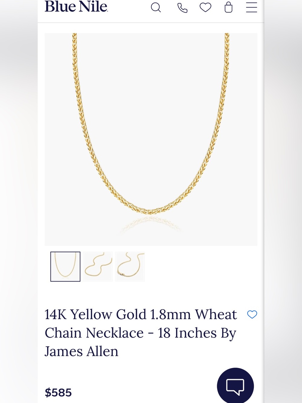 Blue Nile by James Allen NIB 14K Yellow Gold 1.8mm Wheat Chain Necklace - 18”